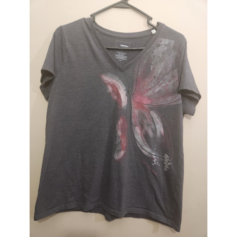 Sonoma Goods For Life Womens Gray Butterfly Short-Sleeve V-Neck T-Shirt Large